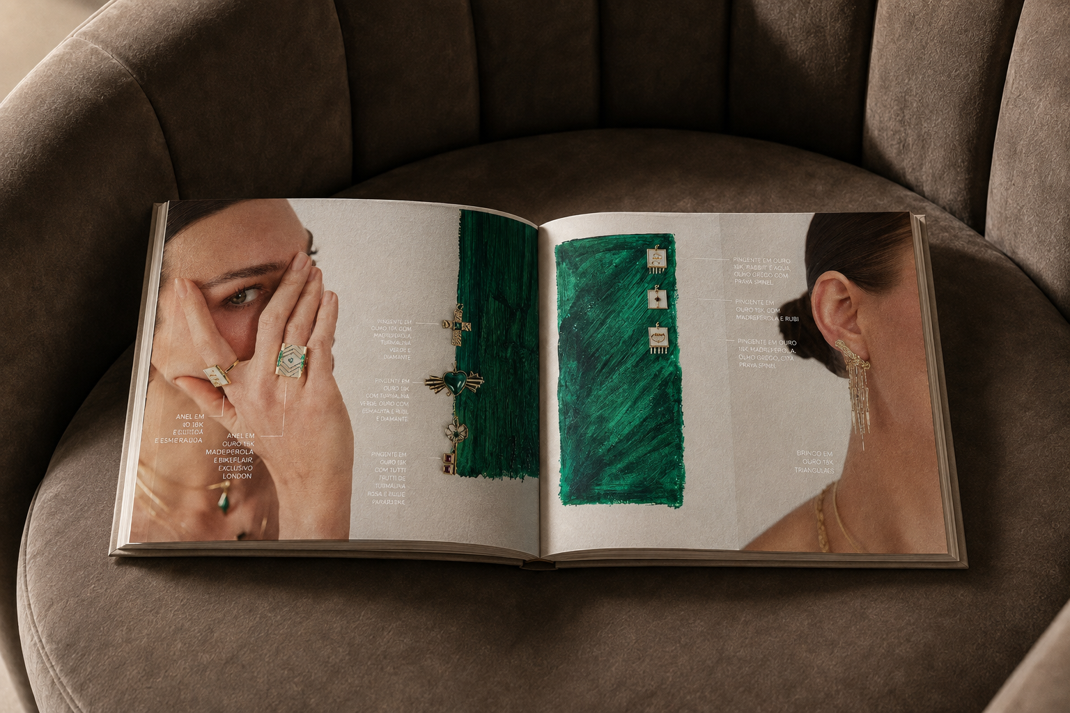 Open Carolina Neves Linea lookbook photographed on a fendi velvet armchair