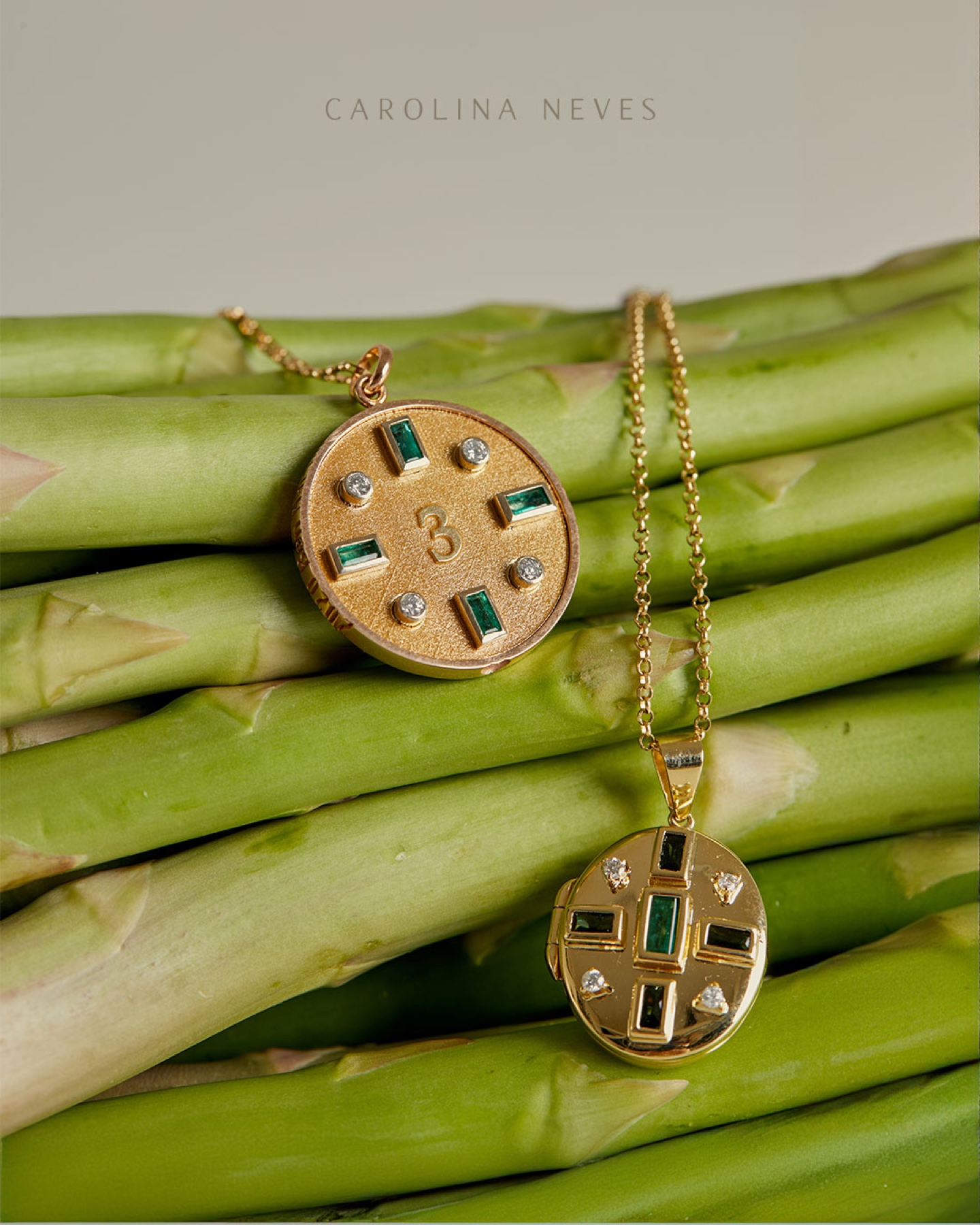 Carolina Neves pendants photographed over fresh asparagus