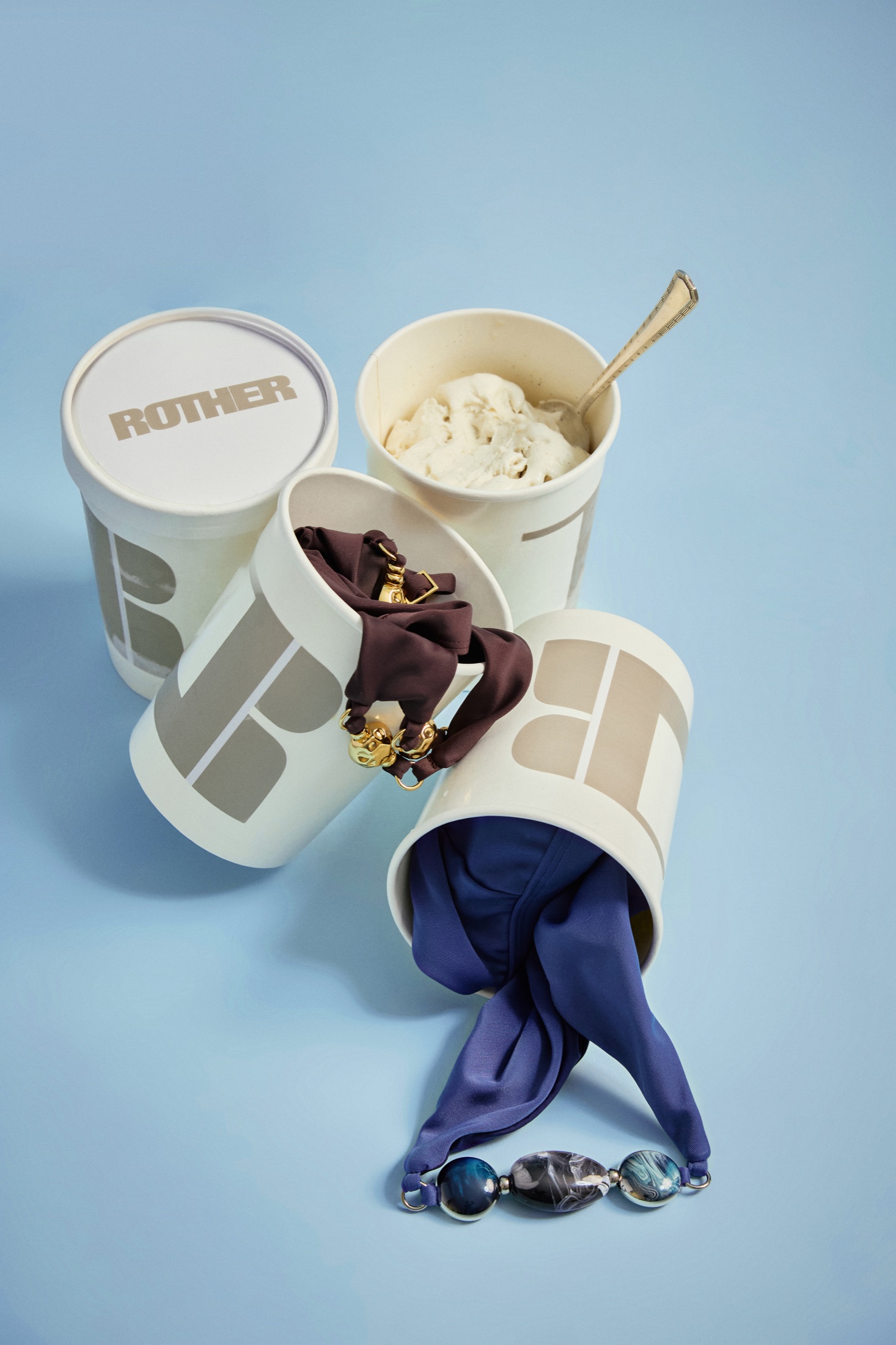 Editorial still life of Rother modular beachwear packaging