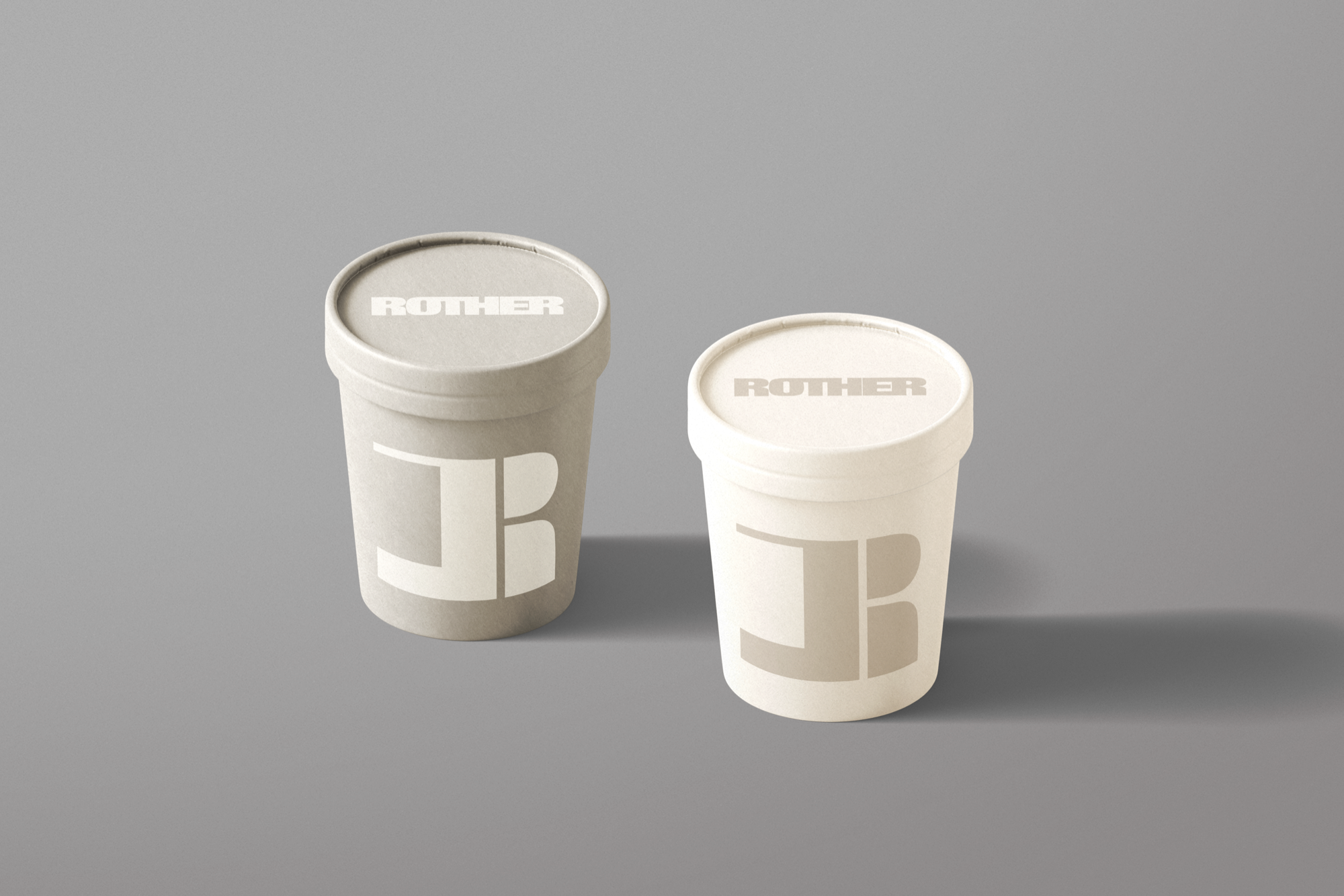 Two off-white Rother beachwear packages using the modular brand symbol